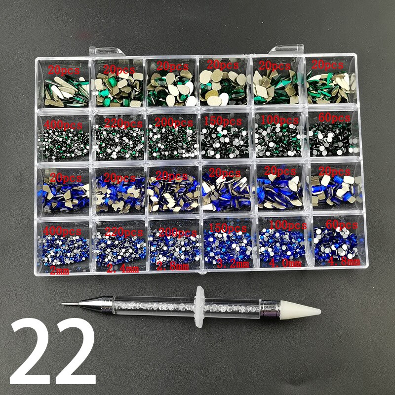 21 Grids Nail Decorations Box Packing AB Gold 3D Non-HotFix FlatBack Nail Art Rhinestones with Dot Pen Set Beauty Stones 22