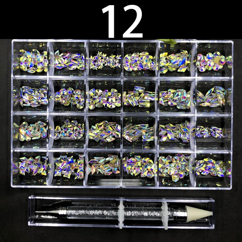 21 Grids Nail Decorations Box Packing AB Gold 3D Non-HotFix FlatBack Nail Art Rhinestones with Dot Pen Set Beauty Stones 12