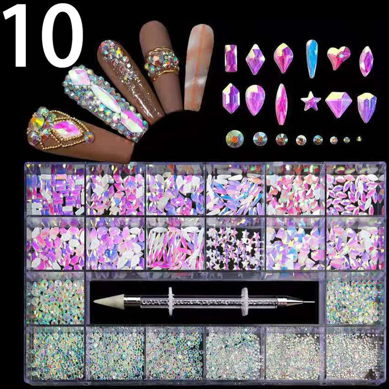 21 Grids Nail Decorations Box Packing AB Gold 3D Non-HotFix FlatBack Nail Art Rhinestones with Dot Pen Set Beauty Stones 10