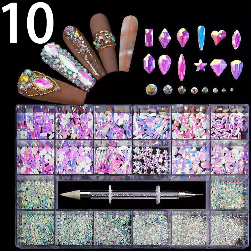 21 Grids Nail Decorations Box Packing AB Gold 3D Non-HotFix FlatBack Nail Art Rhinestones with Dot Pen Set Beauty Stones 10