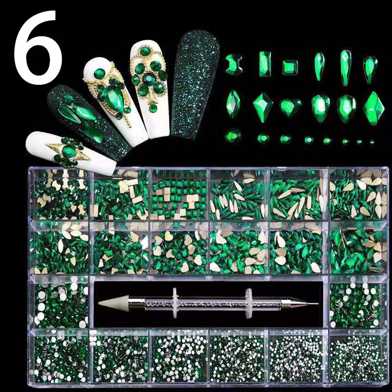 21 Grids Nail Decorations Box Packing AB Gold 3D Non-HotFix FlatBack Nail Art Rhinestones with Dot Pen Set Beauty Stones 6