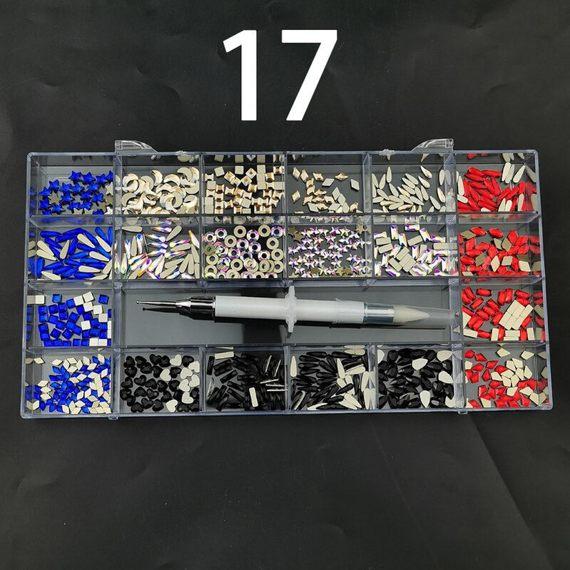 21 Grids Nail Decorations Box Packing AB Gold 3D Non-HotFix FlatBack Nail Art Rhinestones with Dot Pen Set Beauty Stones 17