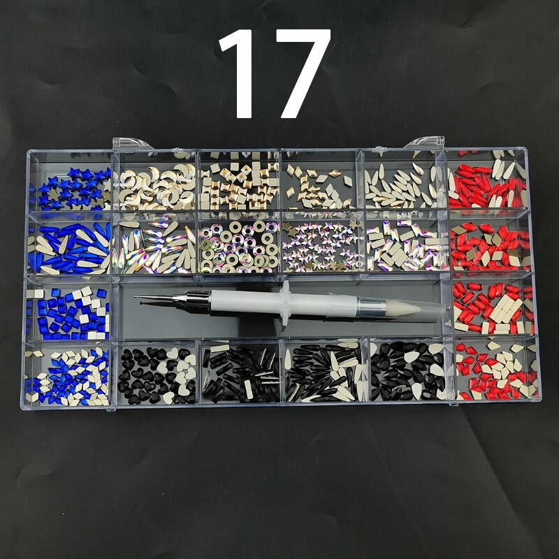 21 Grids Nail Decorations Box Packing AB Gold 3D Non-HotFix FlatBack Nail Art Rhinestones with Dot Pen Set Beauty Stones 17