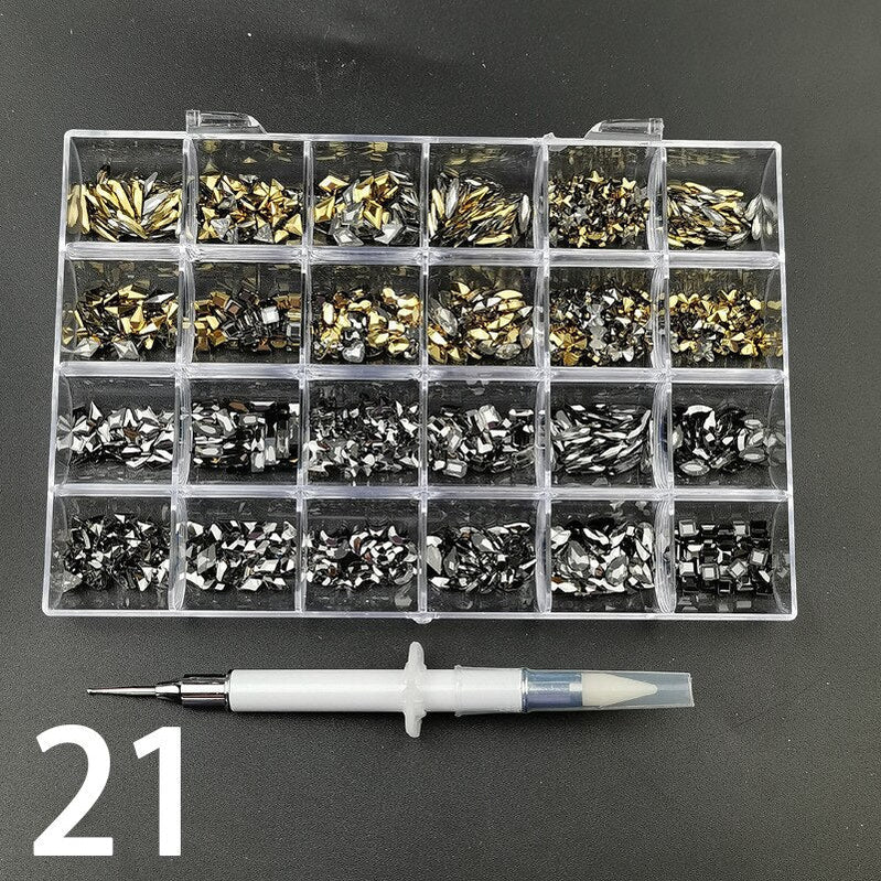 21 Grids Nail Decorations Box Packing AB Gold 3D Non-HotFix FlatBack Nail Art Rhinestones with Dot Pen Set Beauty Stones 21