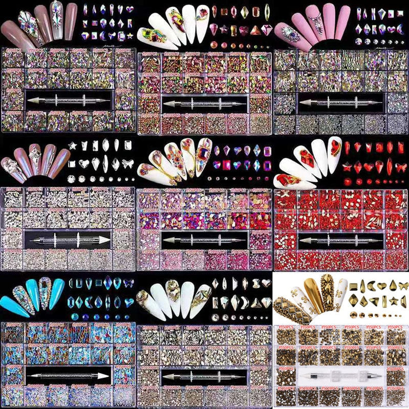 21 Grids Nail Decorations Box Packing AB Gold 3D Non-HotFix FlatBack Nail Art Rhinestones with Dot Pen Set Beauty Stones