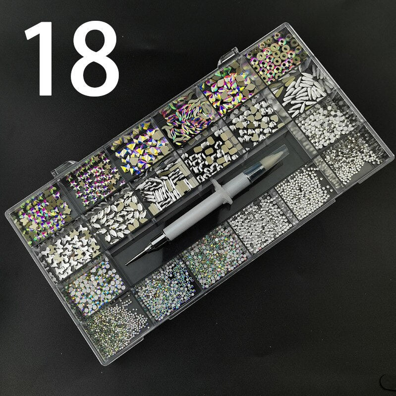 21 Grids Nail Decorations Box Packing AB Gold 3D Non-HotFix FlatBack Nail Art Rhinestones with Dot Pen Set Beauty Stones 18