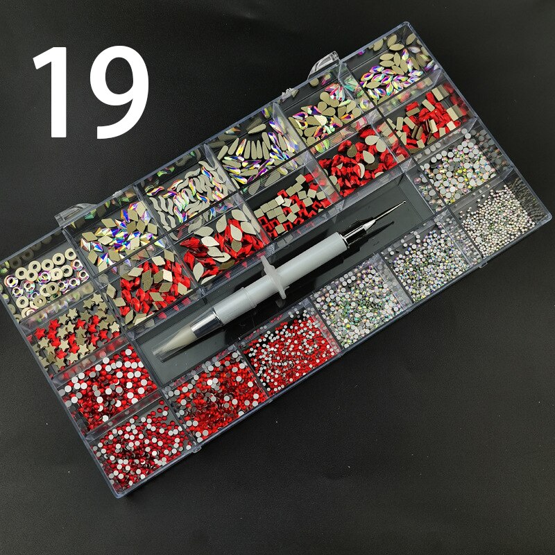 21 Grids Nail Decorations Box Packing AB Gold 3D Non-HotFix FlatBack Nail Art Rhinestones with Dot Pen Set Beauty Stones 19