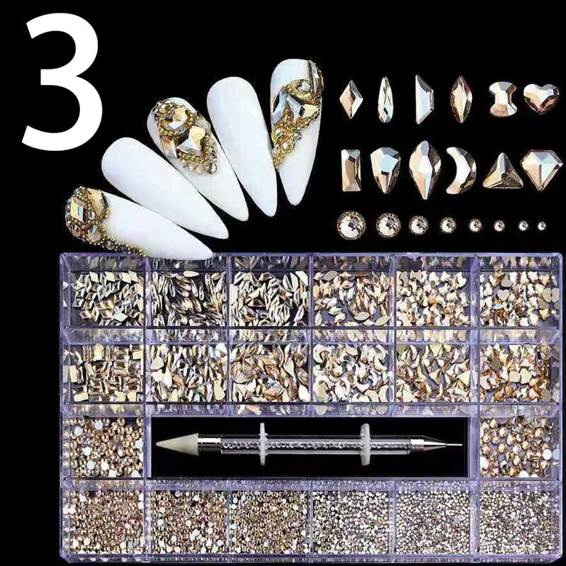 21 Grids Nail Decorations Box Packing AB Gold 3D Non-HotFix FlatBack Nail Art Rhinestones with Dot Pen Set Beauty Stones 3