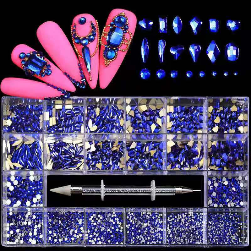 21 Grids Nail Decorations Box Packing AB Gold 3D Non-HotFix FlatBack Nail Art Rhinestones with Dot Pen Set Beauty Stones
