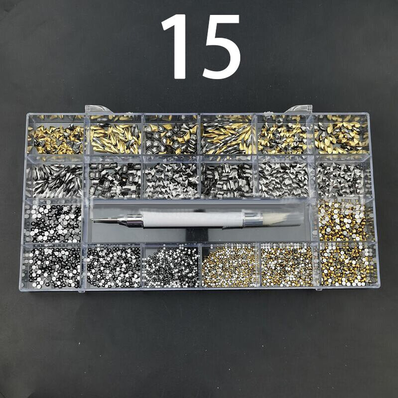 21 Grids Nail Decorations Box Packing AB Gold 3D Non-HotFix FlatBack Nail Art Rhinestones with Dot Pen Set Beauty Stones 15