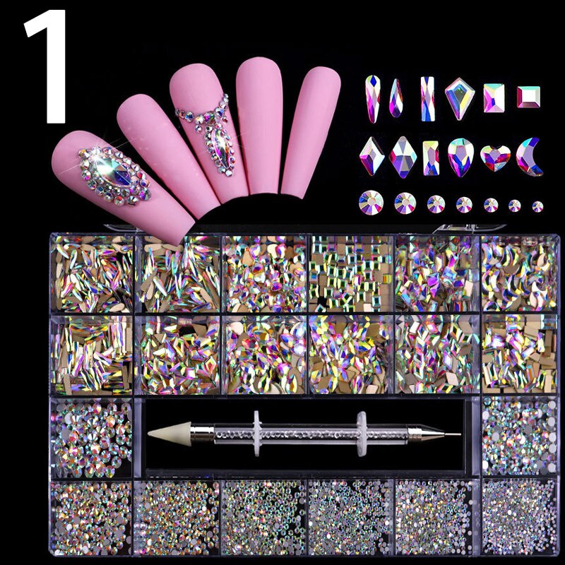21 Grids Nail Decorations Box Packing AB Gold 3D Non-HotFix FlatBack Nail Art Rhinestones with Dot Pen Set Beauty Stones 1