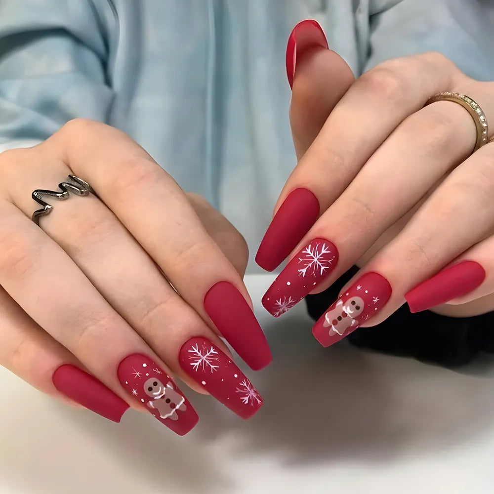 24 Pcs Glossy Long Coffin Press On Nails Red Christmas Glitter Fake Nails With Snow Pattern Reusabie False Nails Basso & Brooke