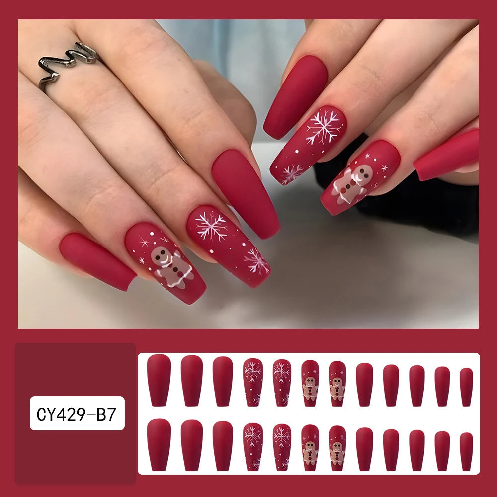 24 Pcs Glossy Long Coffin Press On Nails Red Christmas Glitter Fake Nails With Snow Pattern Reusabie False Nails