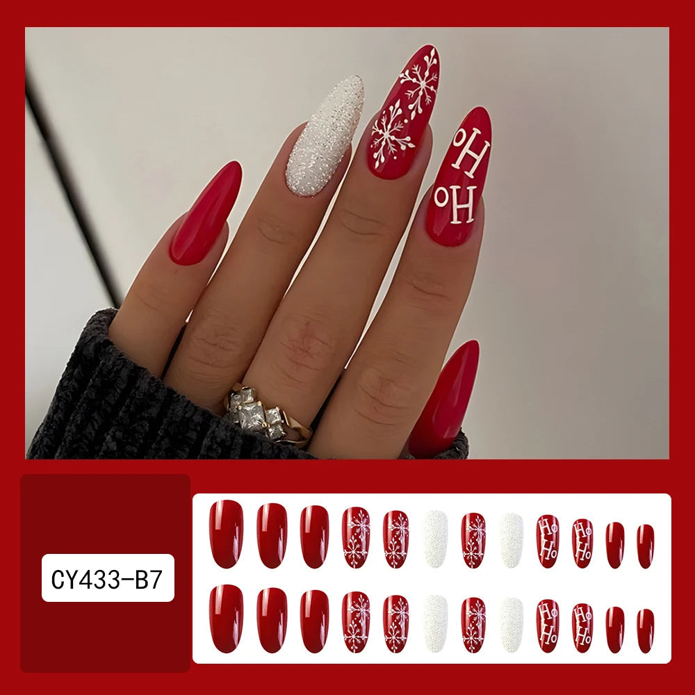 24 Pcs Glossy Long Round Christmas Press On Nails Red Glitter Fake Nails With Snowflake Pattern Reusabie False Nails