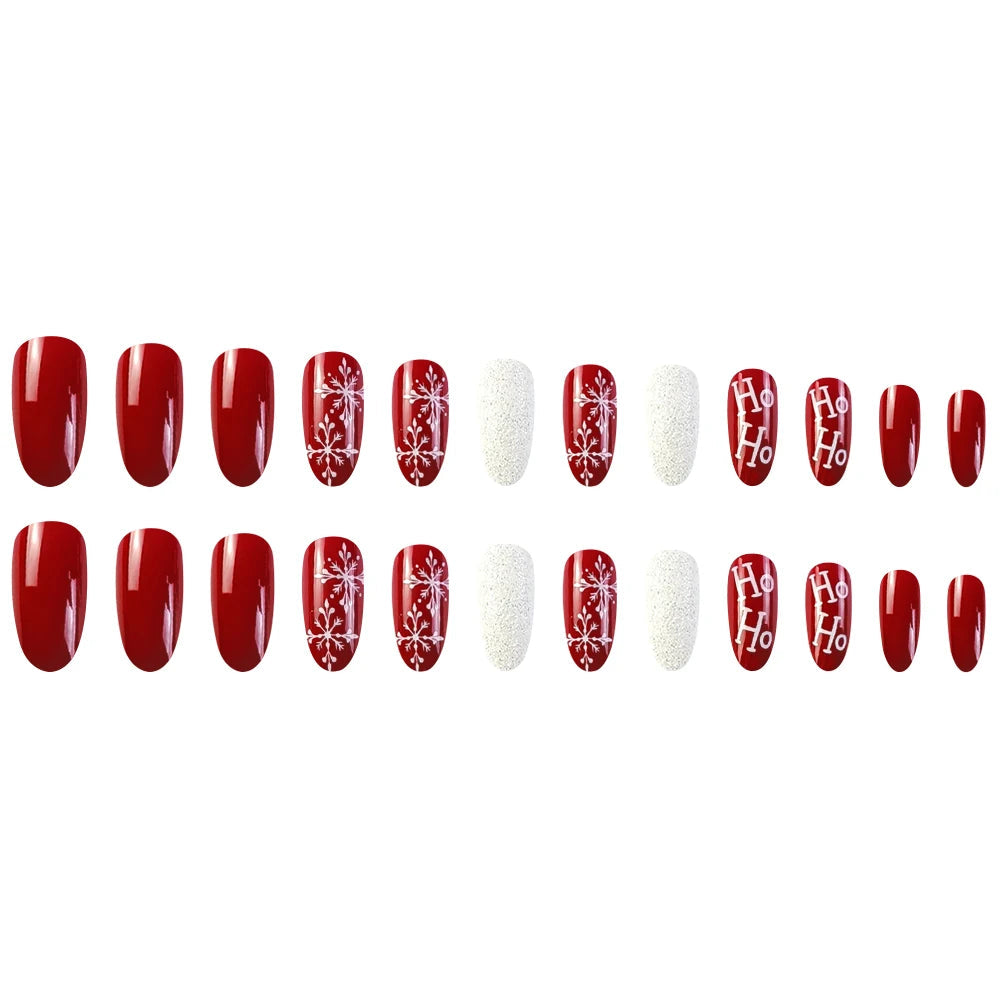 24 Pcs Glossy Long Round Christmas Press On Nails Red Glitter Fake Nails With Snowflake Pattern Reusabie False Nails