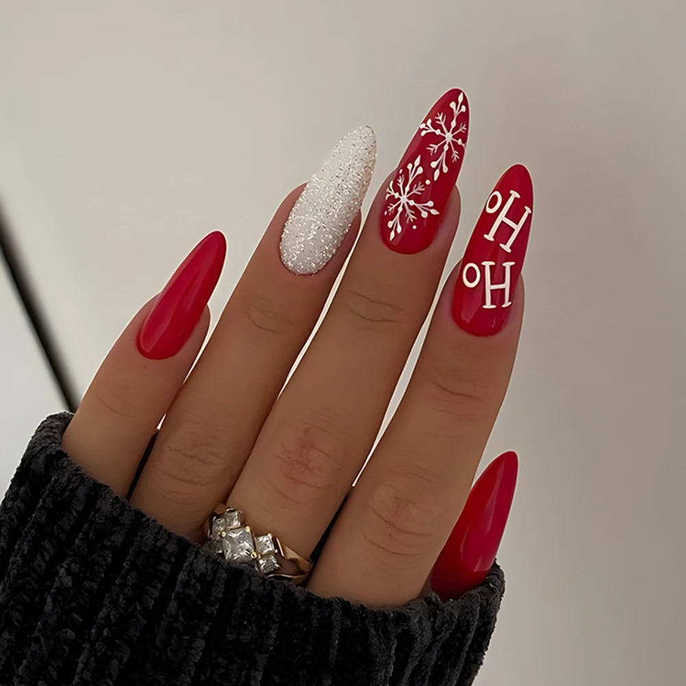 24 Pcs Glossy Long Round Christmas Press On Nails Red Glitter Fake Nails With Snowflake Pattern Reusabie False Nails Basso & Brooke