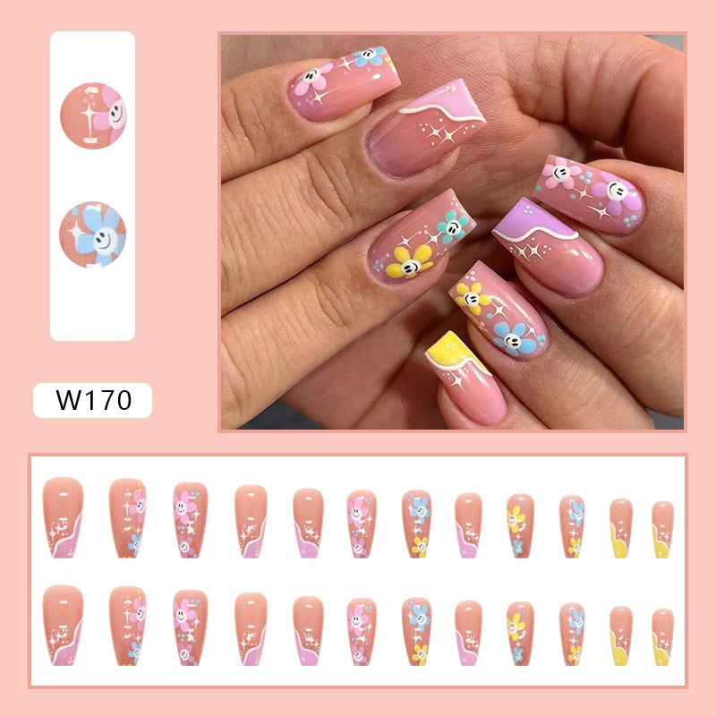 24P Removable Ballerina Press On Nail Art Long Round Head Fake Nails Full Cover Artificial Wearing Reusable False Nails Finished W170