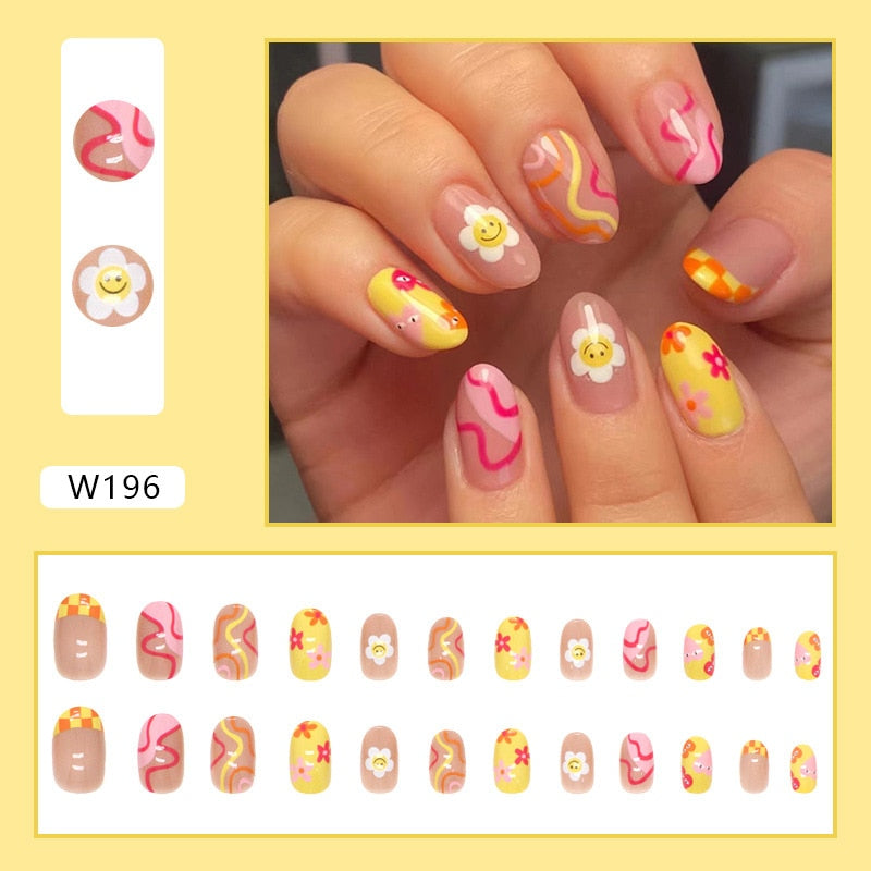 24P Removable Ballerina Press On Nail Art Long Round Head Fake Nails Full Cover Artificial Wearing Reusable False Nails Finished W196