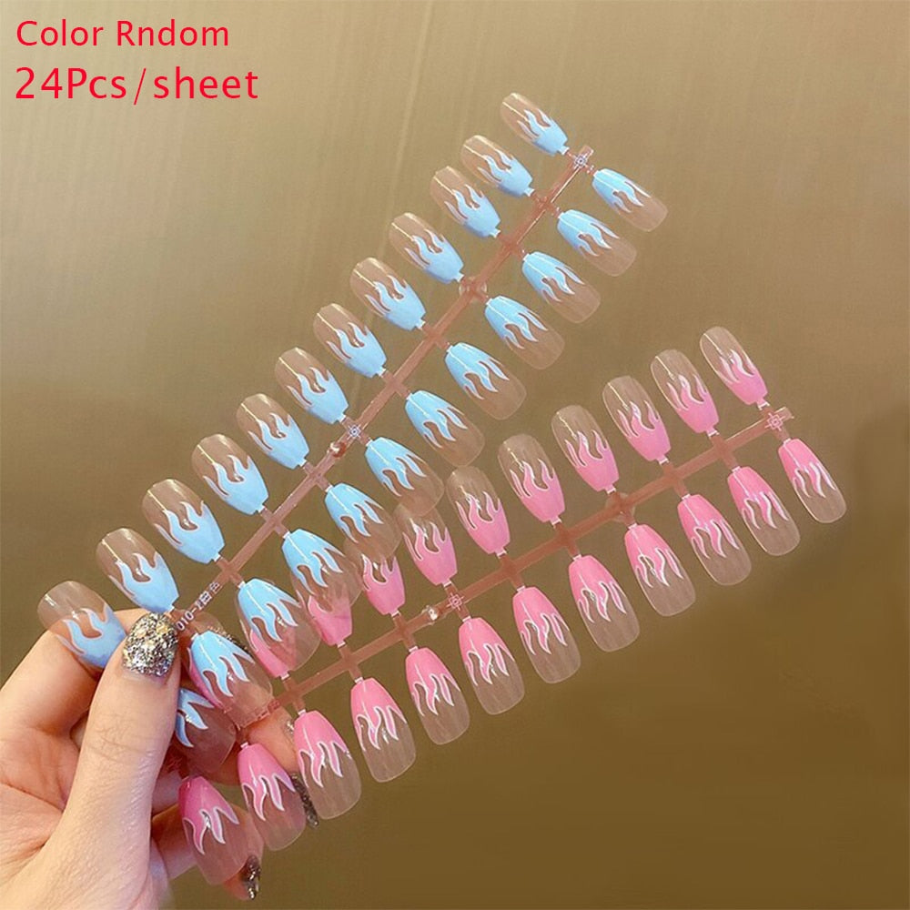 24Pc Detachable Long Coffin Fake Nail Pink White Wave Lines False Nails French Ballerina Artificial Full Cover Press On Nail Tip only 1sheet nails