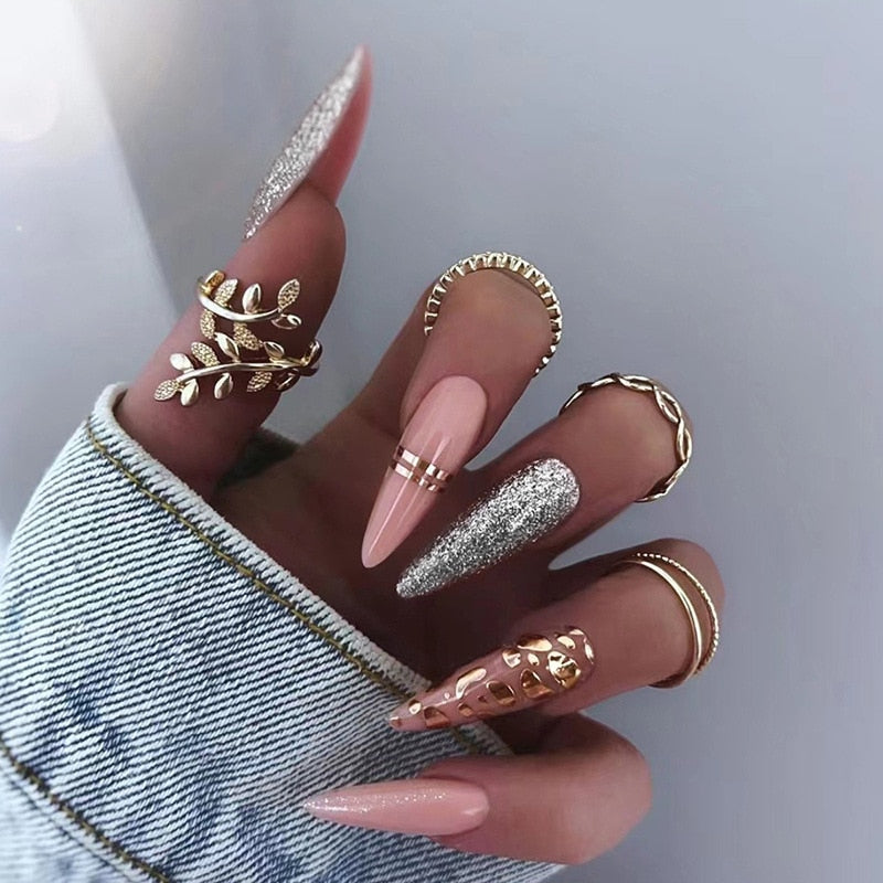 24Pcs Almond False Nails Pointed Head Wearable Fake Nails Pink Leopard Print Design Stiletto Press on Nails Full Cover Nail Tips
