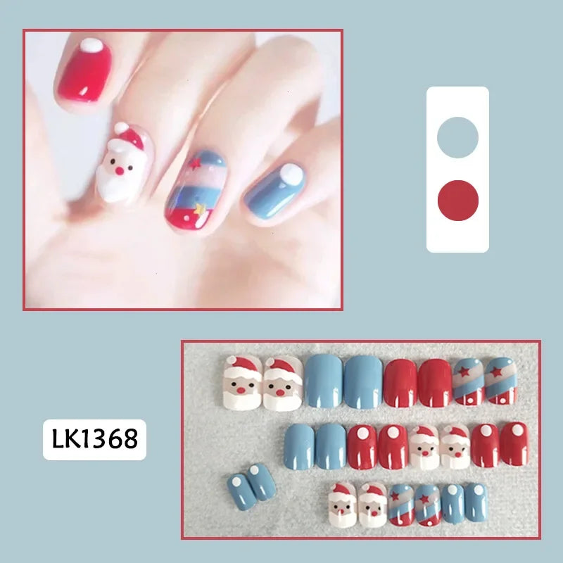 24Pcs Christmas New Purple Rabbit Cute Short False Nails Tips Snowman Elk Pattern Design Wearable Fake Nails Press On Nail Art 1368