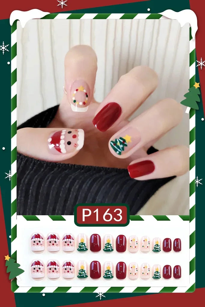 24Pcs Christmas New Purple Rabbit Cute Short False Nails Tips Snowman Elk Pattern Design Wearable Fake Nails Press On Nail Art HOT-P163