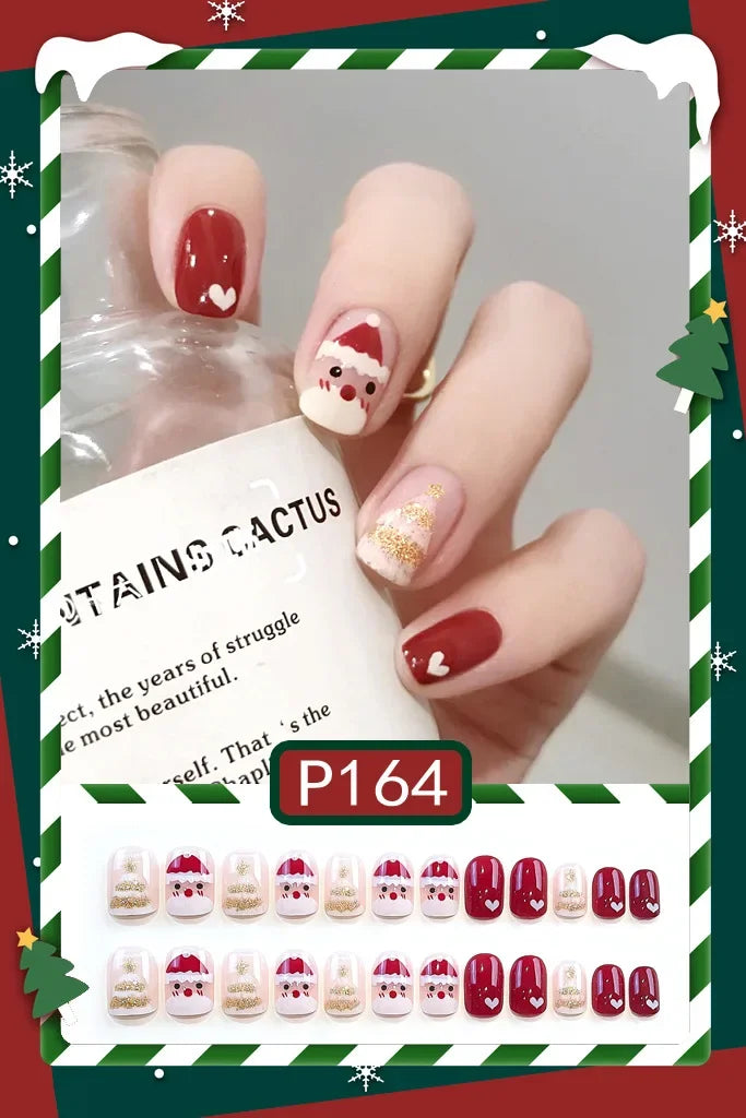 24Pcs Christmas New Purple Rabbit Cute Short False Nails Tips Snowman Elk Pattern Design Wearable Fake Nails Press On Nail Art HOT-P164
