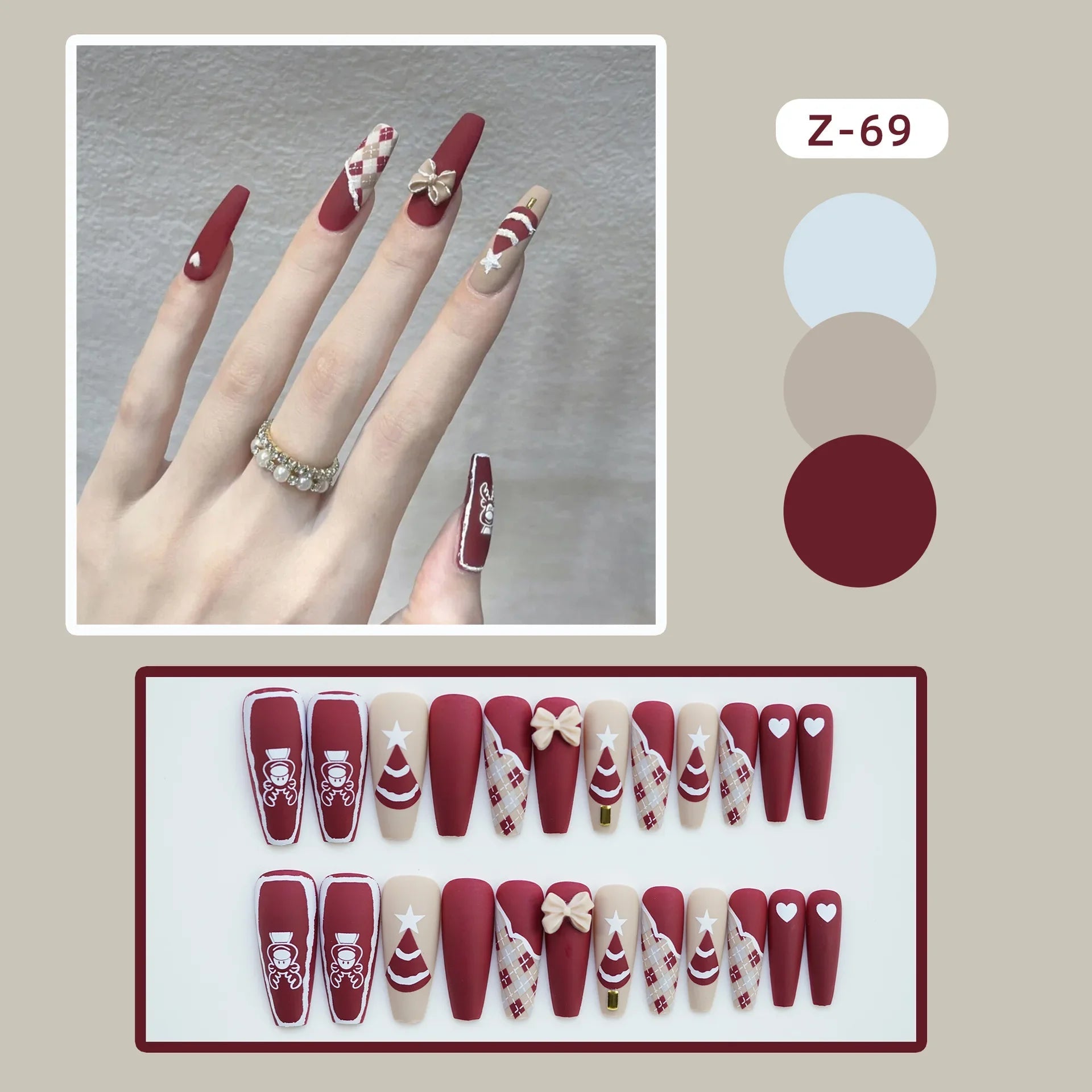 24Pcs Christmas New Purple Rabbit Cute Short False Nails Tips Snowman Elk Pattern Design Wearable Fake Nails Press On Nail Art Z69