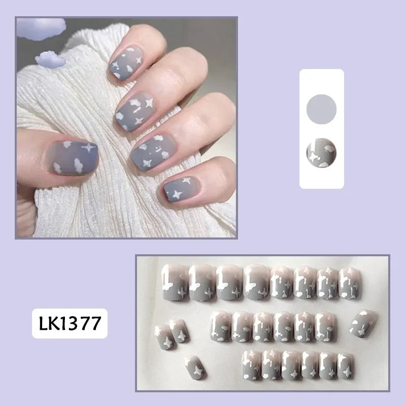 24Pcs Christmas New Purple Rabbit Cute Short False Nails Tips Snowman Elk Pattern Design Wearable Fake Nails Press On Nail Art 1377