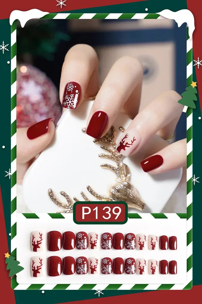 24Pcs Christmas New Purple Rabbit Cute Short False Nails Tips Snowman Elk Pattern Design Wearable Fake Nails Press On Nail Art P139