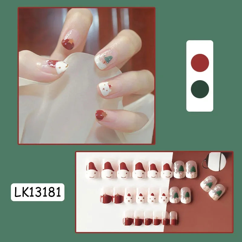 24Pcs Christmas New Purple Rabbit Cute Short False Nails Tips Snowman Elk Pattern Design Wearable Fake Nails Press On Nail Art 13181