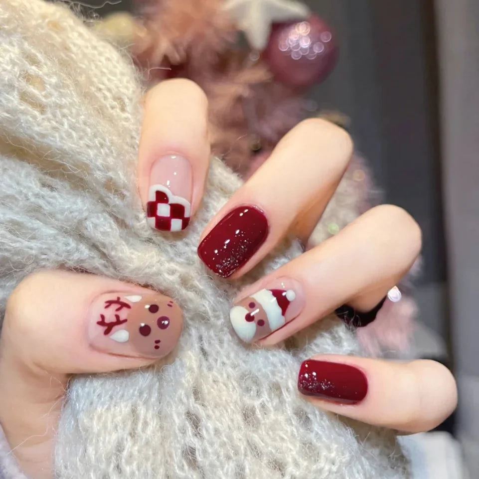 24Pcs Christmas New Purple Rabbit Cute Short False Nails Tips Snowman Elk Pattern Design Wearable Fake Nails Press On Nail Art