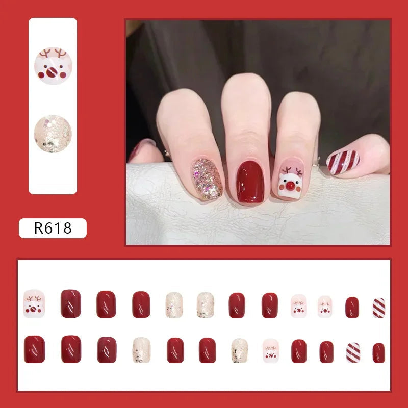 24Pcs Christmas New Purple Rabbit Cute Short False Nails Tips Snowman Elk Pattern Design Wearable Fake Nails Press On Nail Art R618