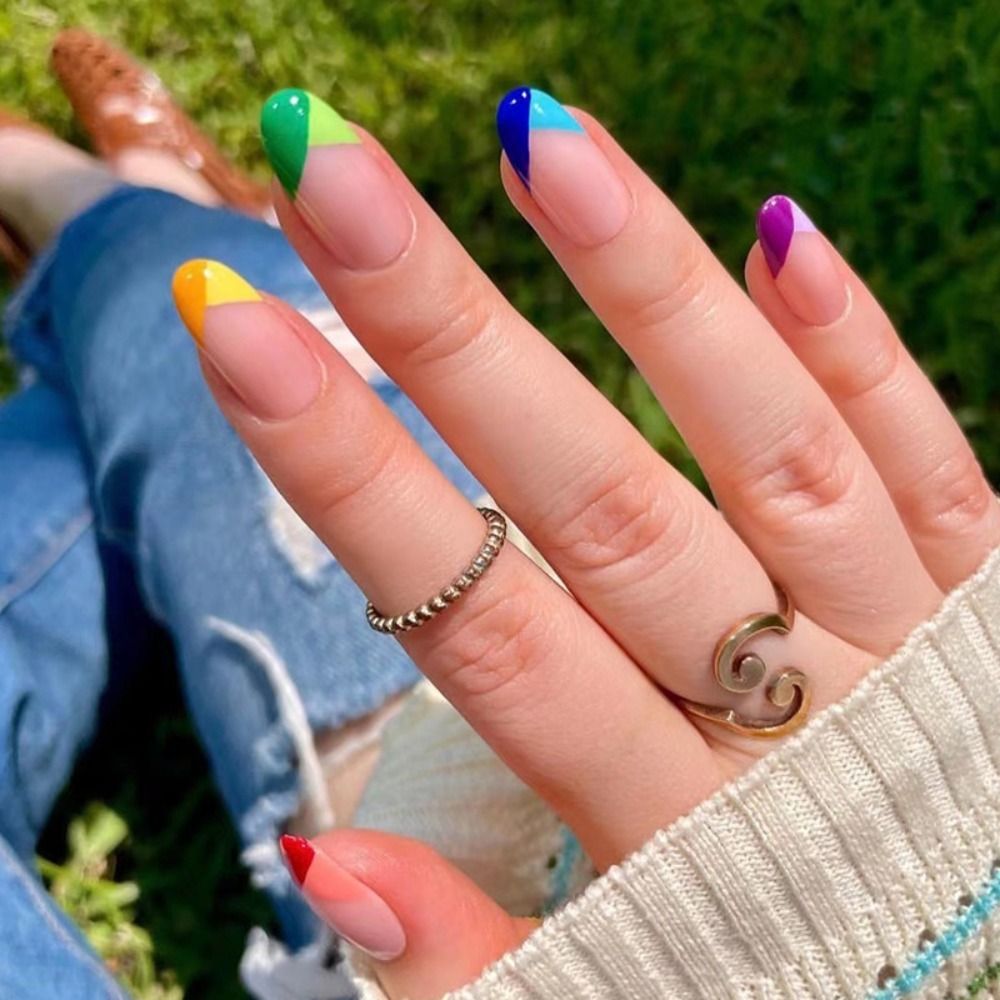 24Pcs Detachable Almond French Full Cover False Nails Silver Butterfly Lines Stiletto Fake Nials Press On Nails DIY Manicure JP1929