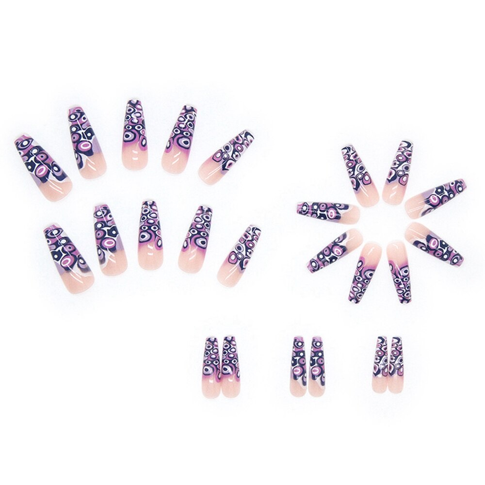 24Pcs Detachable Artificial Fake Nails French Purple Grape Blue wave Design Long Ballet Coffin Press On Nail False Manicure Tips