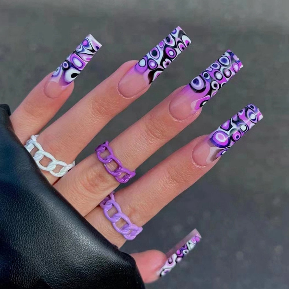 24Pcs Detachable Artificial Fake Nails French Purple Grape Blue wave Design Long Ballet Coffin Press On Nail False Manicure Tips Basso & Brooke