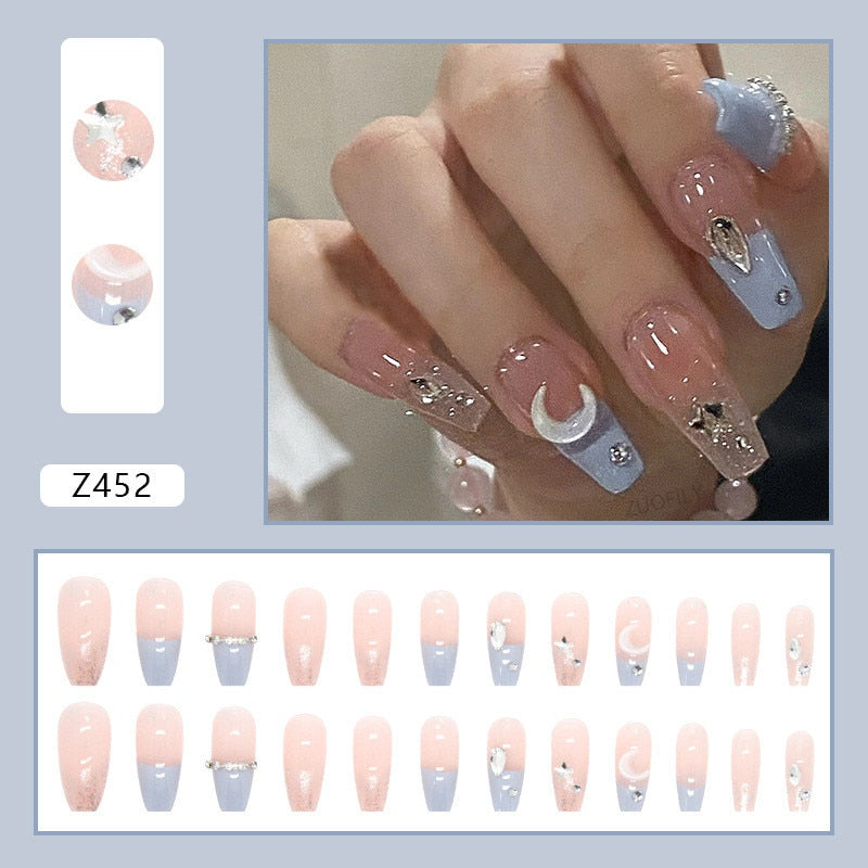 24Pcs Detachable False Nails Rhinestones Blue Wearable Fake Nails Full Cover Nail Tips Fake Nail with Moon Design Press on Nails Z452