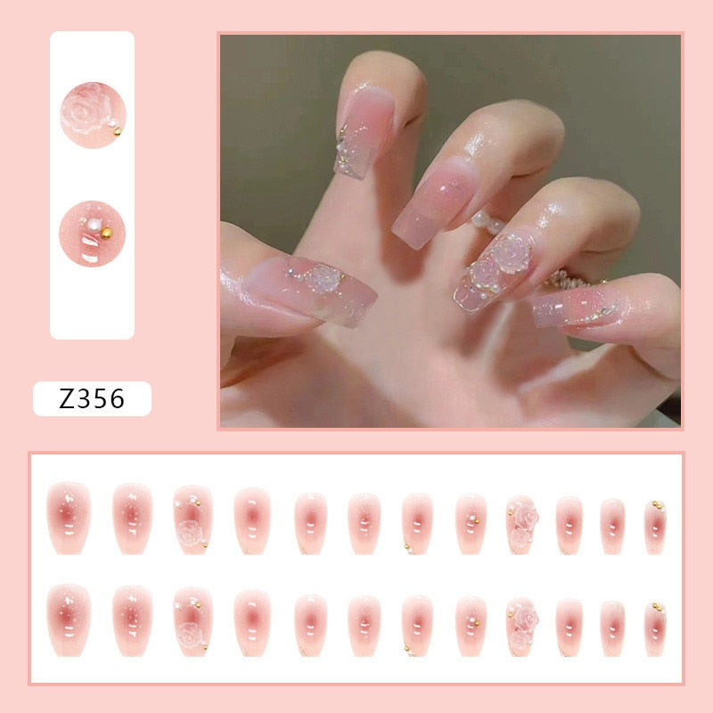 24Pcs Detachable False Nails Rhinestones Blue Wearable Fake Nails Full Cover Nail Tips Fake Nail with Moon Design Press on Nails Z356
