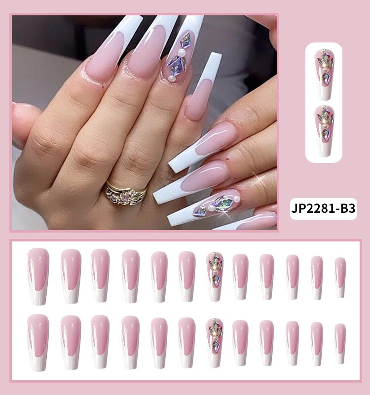 24Pcs Fashion Wearable Nail Art Butterfly Design Detachable Nude Color Coffin Fake Nails with Glue Full Cover Press on Nails MT590JP2281B3