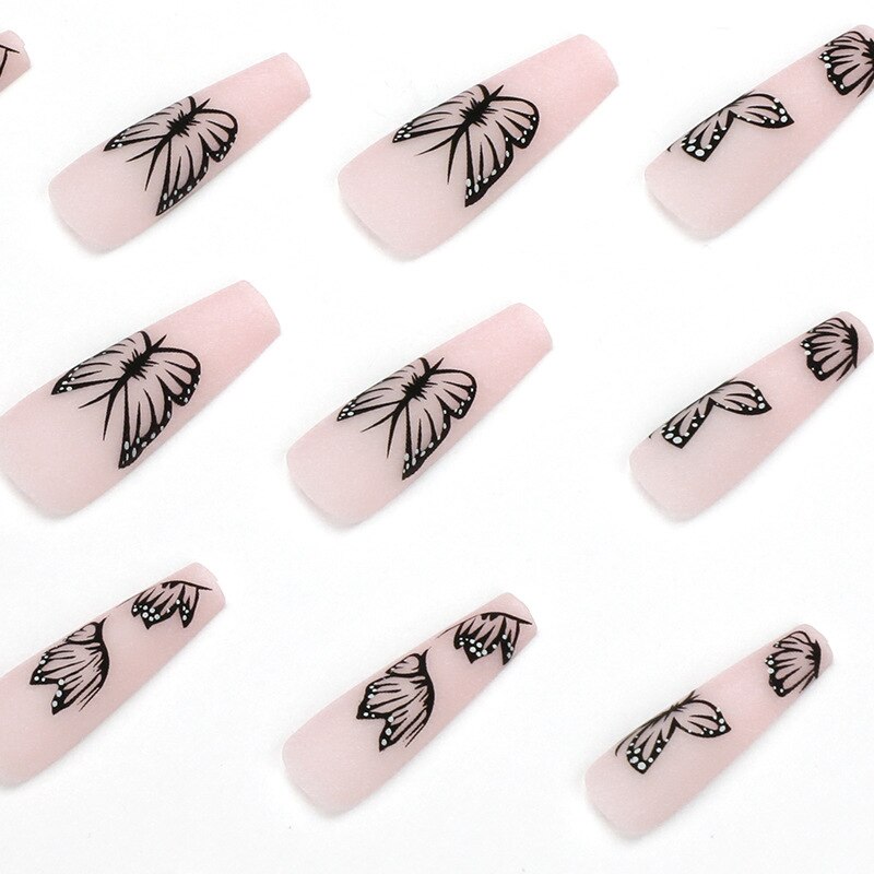 24Pcs Fashion Wearable Nail Art Butterfly Design Detachable Nude Color Coffin Fake Nails with Glue Full Cover Press on Nails