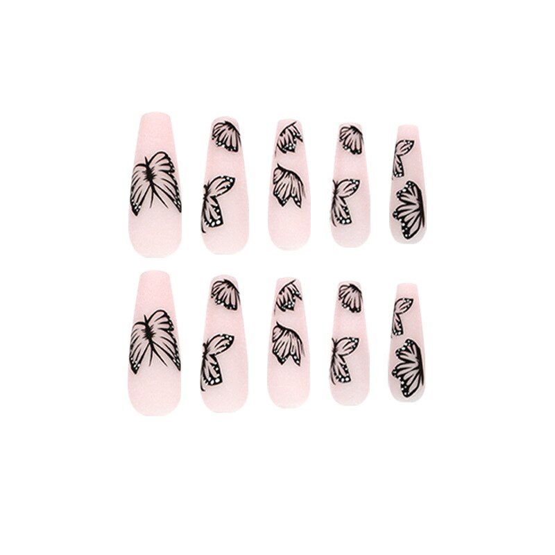 24Pcs Fashion Wearable Nail Art Butterfly Design Detachable Nude Color Coffin Fake Nails with Glue Full Cover Press on Nails