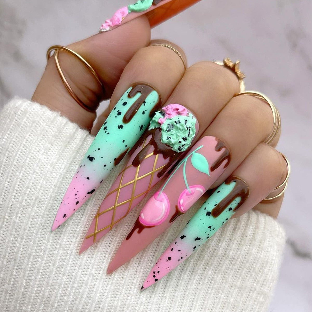 24Pcs Frosting False Nail Tips with Golden Glitter Designs French Rhinestone Manicure Stiletto Fake Nails Set Press on Nails 14