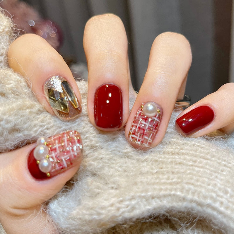 24Pcs Full Cover Fake Nails with 3D White Flower Design Full Cover Press on Fingernails Tips Coffin Head Glitter Red False Nails 10