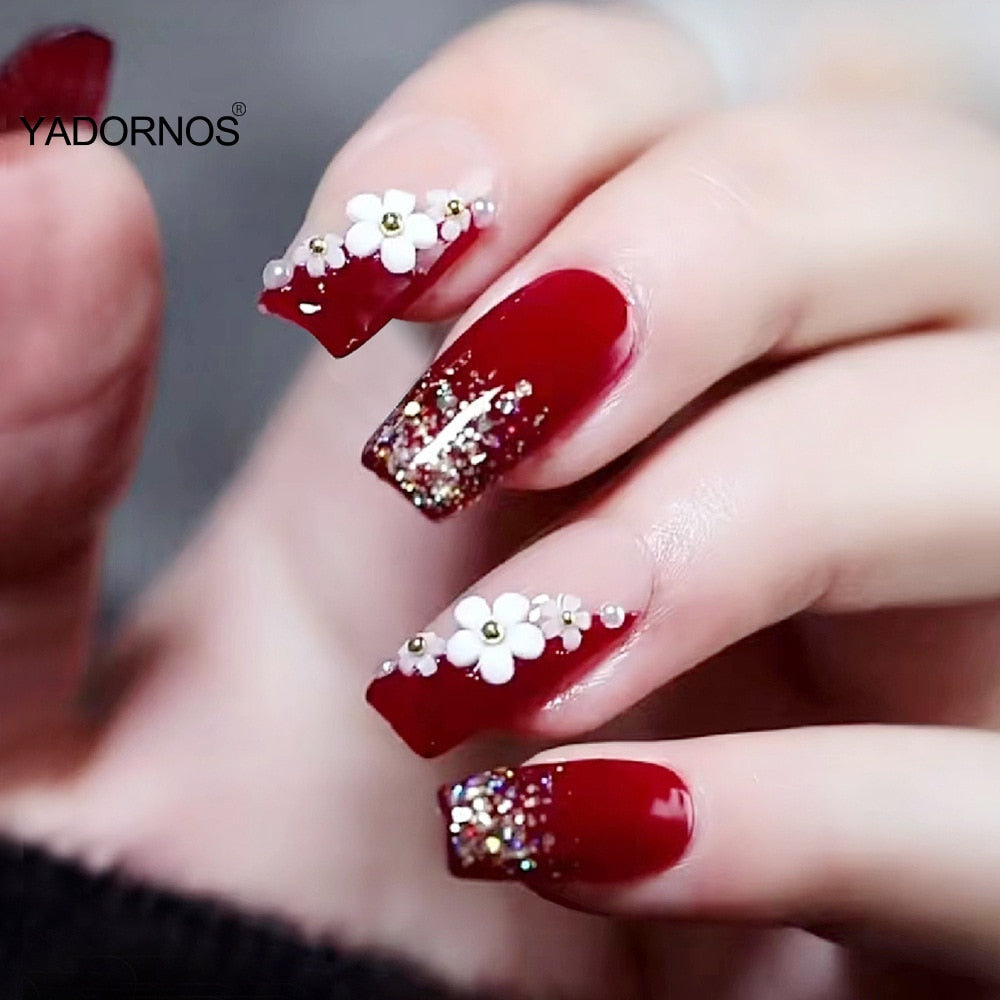 24Pcs Full Cover Fake Nails with 3D White Flower Design Full Cover Press on Fingernails Tips Coffin Head Glitter Red False Nails Basso & Brooke