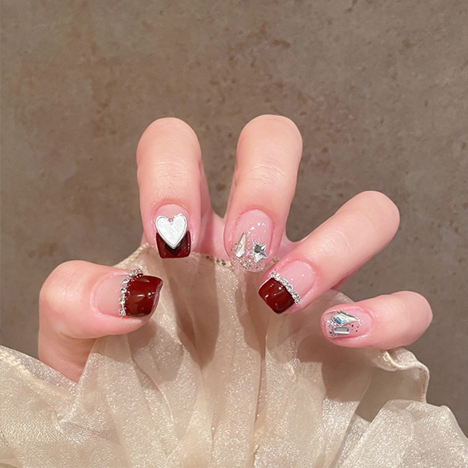 24Pcs Full Cover Fake Nails with 3D White Flower Design Full Cover Press on Fingernails Tips Coffin Head Glitter Red False Nails 12