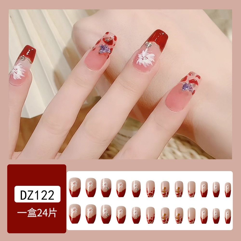 24Pcs Full Cover Fake Nails with 3D White Flower Design Full Cover Press on Fingernails Tips Coffin Head Glitter Red False Nails J6