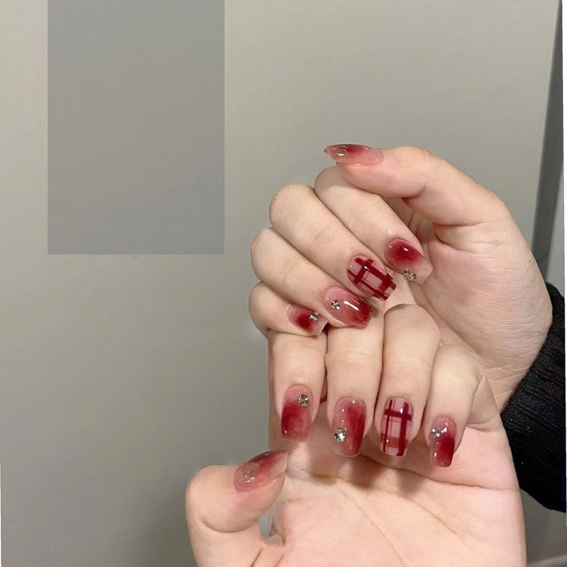 24Pcs Full Cover Fake Nails with 3D White Flower Design Full Cover Press on Fingernails Tips Coffin Head Glitter Red False Nails 21