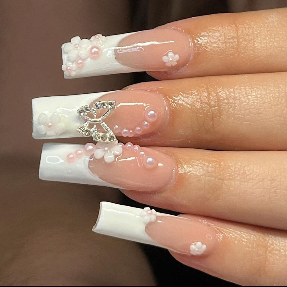 24Pcs Full Cover False Nails with Glue Extra Long Ballerina Coffin Detachable Fake Nails Flower Design Press on Nails Manicure 163