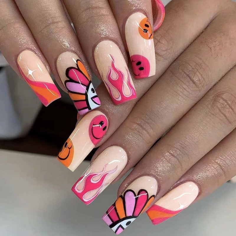 24Pcs Full Cover False Nails with Glue Extra Long Ballerina Coffin Detachable Fake Nails Flower Design Press on Nails Manicure 82