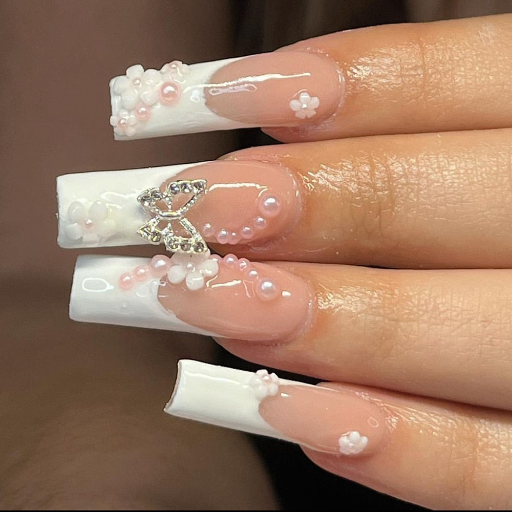 24Pcs Full Cover False Nails with Glue Extra Long Ballerina Coffin Detachable Fake Nails Flower Design Press on Nails Manicure Basso & Brooke